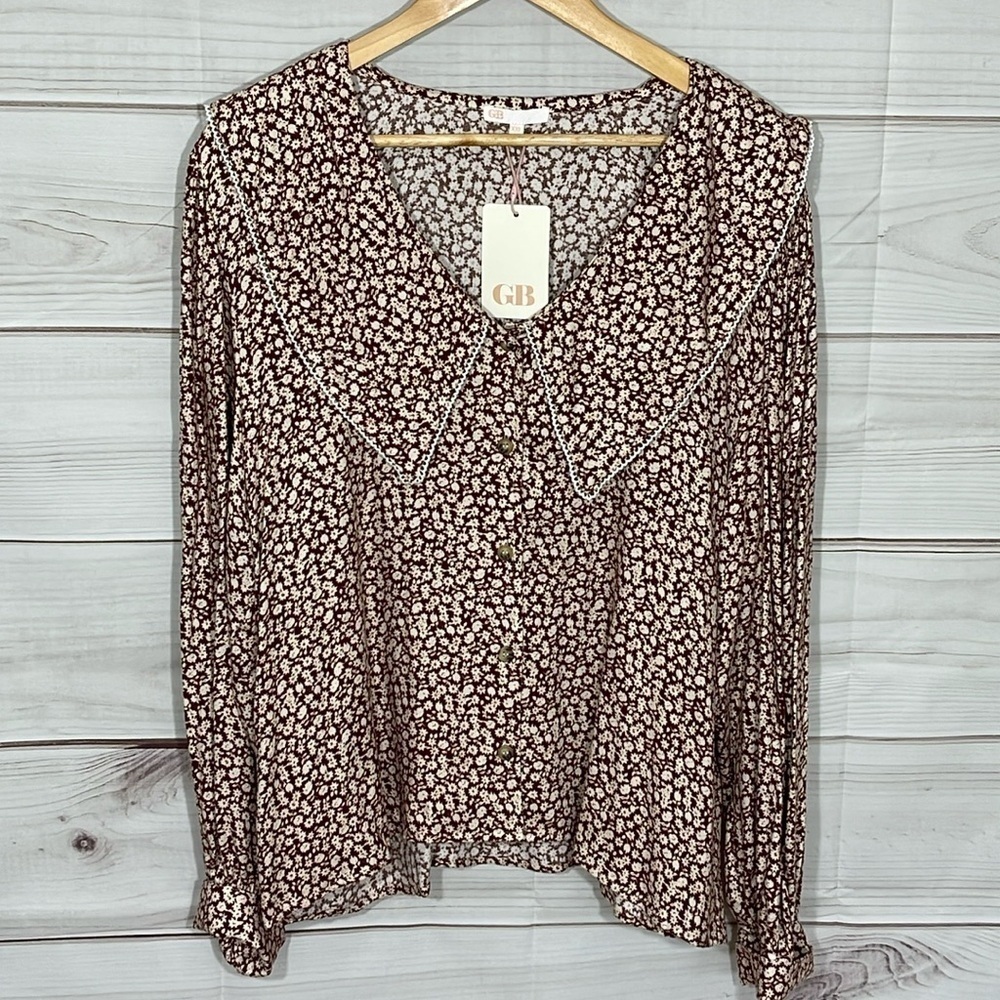 NWT Gianni Bini Burgundy & Cream Floral Long Sleeve Top Size XXL